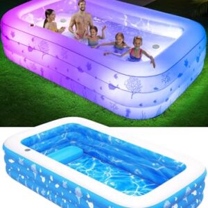 DeeprBling Aufblasbarer Pool Erwachsene mit Sitz und Poolbeleuchtung, 266 x 165 x 64 cm Swimming Pool Aufblasbar Groß Rechteckig, 1400L verdicktes Familienpool Aufblasbar Planschbecken Groß für Garten