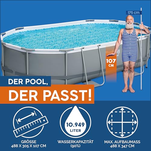 Bestway Power Steel Frame Pool Komplett-Set mit Filterpumpe 488 x 305 x 107 cm, grau, oval – Bild 3