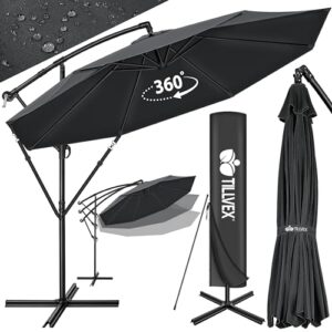 tillvex Alu Sonnenschirm Abdeckung Ø 300 cm mit Kurbel | Ampelschirm mit Ständer & Windschutz | Gartenschirm UV-Schutz Aluminium | Kurbelschirm Marktschirm wasserdicht 360° drehbar Anthrazit