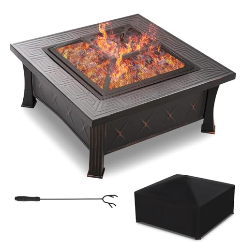 Feuerschale mit Grillrost und Funkenschutz, 3 in 1 Feuerstelle Outdoor Quadratisch mit Abdeckung, Feuerschalen für den Garten, BBQ, Camping, Feuerkorb für Terrasse Heizung, 81x81x51cm