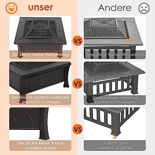 Feuerschale mit Grillrost und Funkenschutz, 3 in 1 Feuerstelle Outdoor Quadratisch mit Abdeckung, Feuerschalen für den Garten, BBQ, Camping, Feuerkorb für Terrasse Heizung, 81x81x51cm – Bild 4