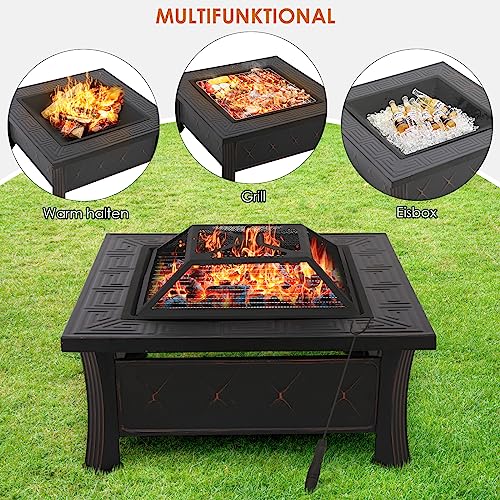 Feuerschale mit Grillrost und Funkenschutz, 3 in 1 Feuerstelle Outdoor Quadratisch mit Abdeckung, Feuerschalen für den Garten, BBQ, Camping, Feuerkorb für Terrasse Heizung, 81x81x51cm – Bild 5