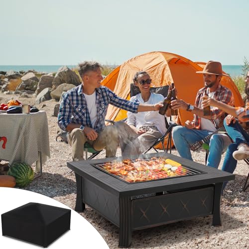 Feuerschale mit Grillrost und Funkenschutz, 3 in 1 Feuerstelle Outdoor Quadratisch mit Abdeckung, Feuerschalen für den Garten, BBQ, Camping, Feuerkorb für Terrasse Heizung, 81x81x51cm – Bild 6