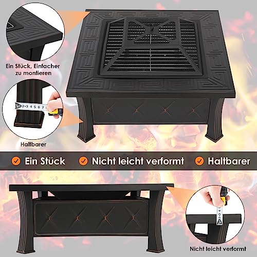 Feuerschale mit Grillrost und Funkenschutz, 3 in 1 Feuerstelle Outdoor Quadratisch mit Abdeckung, Feuerschalen für den Garten, BBQ, Camping, Feuerkorb für Terrasse Heizung, 81x81x51cm – Bild 8