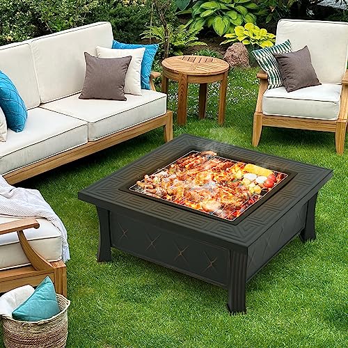 Feuerschale mit Grillrost und Funkenschutz, 3 in 1 Feuerstelle Outdoor Quadratisch mit Abdeckung, Feuerschalen für den Garten, BBQ, Camping, Feuerkorb für Terrasse Heizung, 81x81x51cm – Bild 9