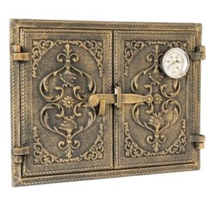 Handgefertigte dekorative Gusseisentür für Ofen und Kamin, 800°C hitzebeständig Retro Backofentür, BBQ Tür, Kamin Tür, Ofentür mit Türriegel, Robustes Design (Antikes Gold, Thermometer)