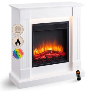 BALDERIA Elektrokamin Ladina | Elektrischer Standkamin mit 3D-Flammeneffekt | Elektro Heizung 2000W, LED-Beleuchtung, Fernbedienung, Timer & Thermostat | Weiß