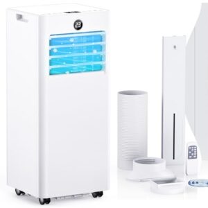 Mobile Klimaanlage 7000 BTU, Klimagerät mit Fernbedienung, Kühlung/Belüftung/Entfeuchtung/4-in-1 Schlafmodus, 24-Stunden-Timer, 360°-Rollen, inkl. Abluftschlauch & Fenster-Set
