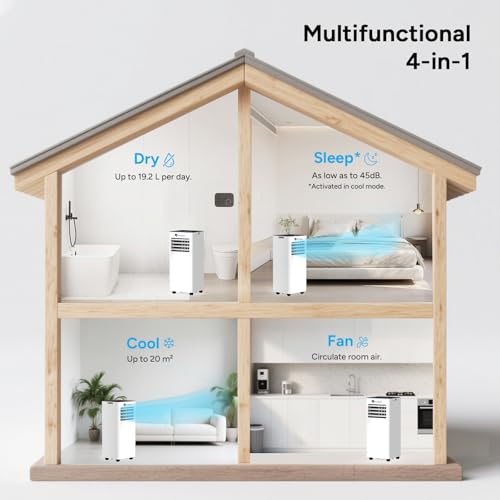 DR.PREPARE Mobiles Klimagerät 7000 BTU mit APP, 4 in 1 Mobile Klimaanlage Tragbare Kühlung, Luftentfeuchter, Ventilator & Schlafmodus mit Fernbedienung, kühlt bis zu 20 m², 1-24H Timer – Bild 6