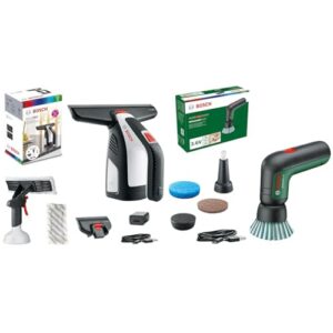 Bosch Akku Fenstersauger GlassVAC (Laufzeit: ca. 35 Fenster, im Karton) Reinigungsbürste UniversalBrush (integrierter 3,6V-Akku, Micro-USB-Kabel, 4 Reinigungsaufsätze)