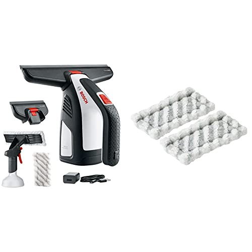 Bosch Home and Garden Akku Fenstersauger GlassVAC (USB Ladegerät, mit Mikrofasertuch, 2 x Aufsatz, 3,6 Volt, 2,0 Ah), Schwarz/Rot/Silber & Bosch F016800574 Kleiner Ersatz-Mikrofaserlappen (2 Stück)