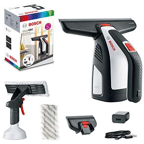 Bosch Home and Garden Akku Fenstersauger GlassVAC (USB Ladegerät, mit Mikrofasertuch, 2 x Aufsatz, 3,6 Volt, 2,0 Ah), Schwarz/Rot/Silber & Bosch F016800574 Kleiner Ersatz-Mikrofaserlappen (2 Stück) – Bild 2