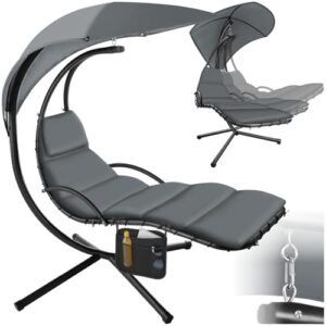tectake® Hängeliege mit Gestell, Schwebeliege, Schwingliege mit Sonnendach, Schaukelliege, Hängesessel inkl. Tasche, Polsterauflage mit Kopfkissen, für Garten, Terrasse und Balkon - grau