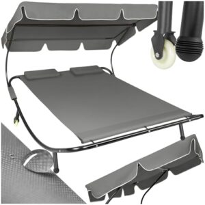 tectake Sonnenliege, Doppelliege, Outdoor Liege für 2 Personen, Gartenliege mit Sonnendach, Relaxliege, Sonnenliege mit Dach, inkl. 2 Kissen, ideal für Garten oder Balkon - schwarz/grau
