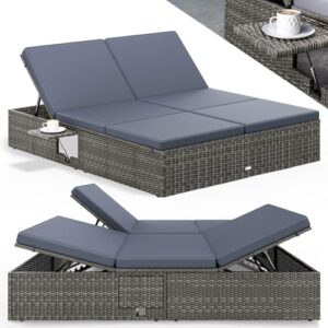 Casaria® Sonnenliege 2 Personen mit Klapptisch 7cm Auflagen Wetterfest Gartenliege 400kg Belastbar Gartenmöbel Liegestuhl Verstellbar Grau Anthrazit 200x160cm