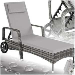 tectake Poly Rattan Gartenliege mit Rollen, 6-Fach höhenverstellbarer Liegestuhl, bis 120kg belastbar, Sonnenliege Rattan (wetterfest), Liege inkl. Polster und Kissen - grau/hellgrau