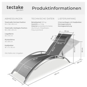 Alternative view of tectake 2er Set Gartenliege, Aluminium Sonnenliege, wetterfest, ideal für Garten, Balkon, Terrasse, praktischer Liegestuhl, inklusive Kopfpolster, 5-Fach verstellbare Rückenlehne - grau