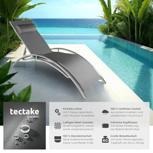 tectake 2er Set Gartenliege, Aluminium Sonnenliege, wetterfest, ideal für Garten, Balkon, Terrasse, praktischer Liegestuhl, inklusive Kopfpolster, 5-Fach verstellbare Rückenlehne - grau – Bild 3