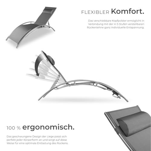 tectake 2er Set Gartenliege, Aluminium Sonnenliege, wetterfest, ideal für Garten, Balkon, Terrasse, praktischer Liegestuhl, inklusive Kopfpolster, 5-Fach verstellbare Rückenlehne - grau – Bild 4