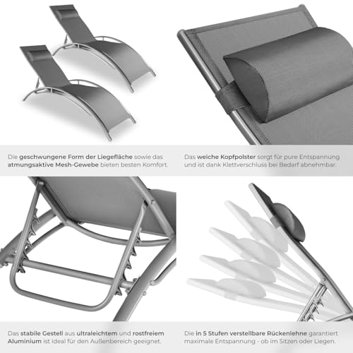tectake 2er Set Gartenliege, Aluminium Sonnenliege, wetterfest, ideal für Garten, Balkon, Terrasse, praktischer Liegestuhl, inklusive Kopfpolster, 5-Fach verstellbare Rückenlehne - grau – Bild 6