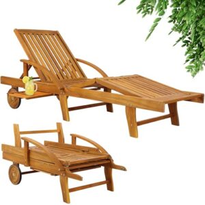 Casaria® Sonnenliege Klappbar Wetterfest Holz Gartenliege 160kg Belastbar mit 2 Räder Ablage Tisch Liegestuhl Verstellbare Rücken- Fußlehne Garten 196cm