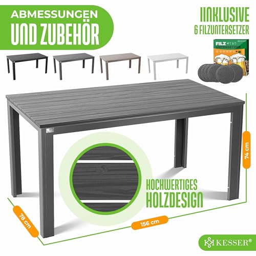 KESSER® Gartentisch 156x78cm für bis 6 Personen Esstisch Wetterfest & UV-Beständig | Outdoor Tisch mit pulverbeschichteter Stahl-Gestell & Kunststoff Tischplatte in Holz-Optik inkl. 6 Filz-Untersetzer – Bild 2