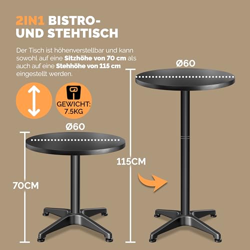 Casaria® 2in1 Stehtisch Höhenverstellbar 2er Set 70/115 cm Aluminium Ø 60 cm Rund Wetterfest Outdoor Indoor Camping Bistrotisch Balkonmöbel Schwarz – Bild 3