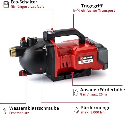 Einhell Akku-Gartenpumpe AQUINNA 36/30 Power X-Change (2 x 18V, 2-Stufen ECO-Schalter, Wassereinfüll- und Ablassschraube, Thermoschutz, Tragegriff, ohne Akkus und Ladegerät) – Bild 3