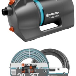 Gardena Gartenpumpe 4100 Silent Set: Sehr leise, innovative Bewässerungspumpe mit 3,5 m Sauggarnitur und 20 m Classic Schlauch, Fördermenge 4100 l/h, 550 W Motor, wasserfest, stromsparend (9051-20)