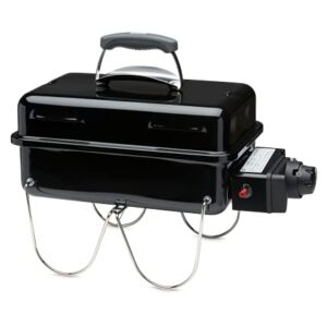 Weber Go-Anywhere Gasgrill, 42 x 26cm Grillfläche, leichter tragbarer BBQ Grill, Tisch-Campinggrill mitporzellanemaillierter Schale & Deckel, umklappbare Standfüße - Schwarz (1141079)