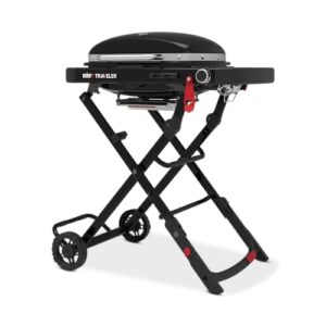 Weber Traveler Compact Gasgrill, 1 Brenner, 52 x 36cm Grillfläche, portabler Outdoor BBQ, mit Deckelthermometer, Stand mit Rädern einklappbar - Schwarz (1500526)