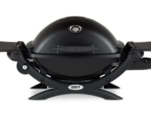 Weber Q 1200 Gasgrill, 43 x 32cm Grillfläche, Portable, 1 Brenner, 2-geteilter porzellanemaillierter Guss-Grillrost, mit Deckelthermometer - Schwarz