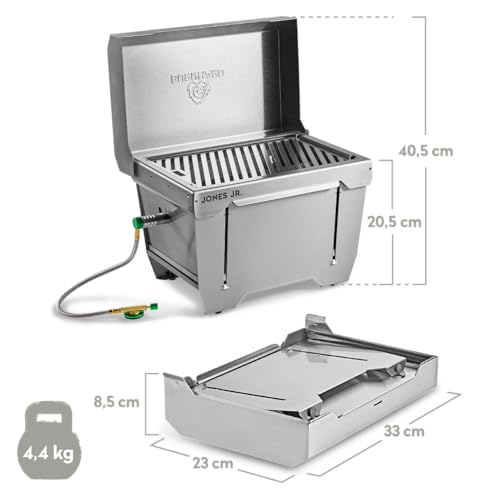 BURNHARD Camping Gasgrill Jones Jr. Edelstahl Klappgrill mit Deckel 1-Brenner 3,2 kW inkl. Transporttasche mit Rucksackfunktion und Multitool, Faltgrill ideal für Camping – Bild 3