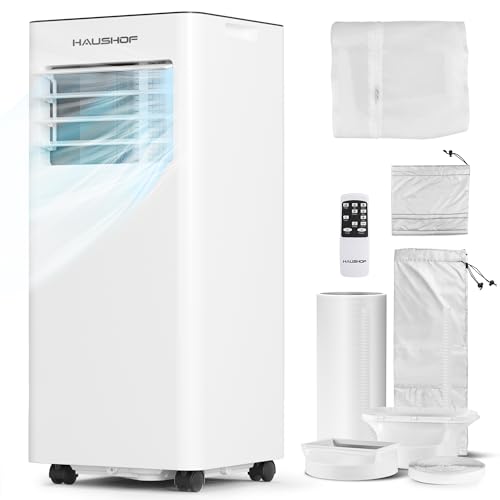 HAUSHOF - Mobile Klimaanlage 9000BTU 4-IN-1 mit Abluftschlauch, Fernbedienung, Isolierhülle für Räume bis 30 m²