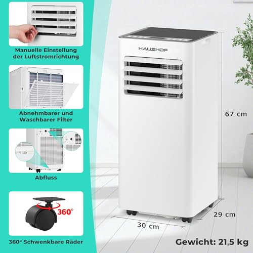 HAUSHOF - Mobile Klimaanlage 9000BTU 4-IN-1 mit Abluftschlauch, Fernbedienung, Isolierhülle für Räume bis 30 m² – Bild 7