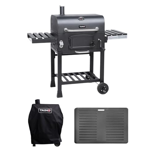 TAINO HERO XL Holzkohlegrill Set Abdeckhaube Grillplatte Smoker Grillwagen BBQ