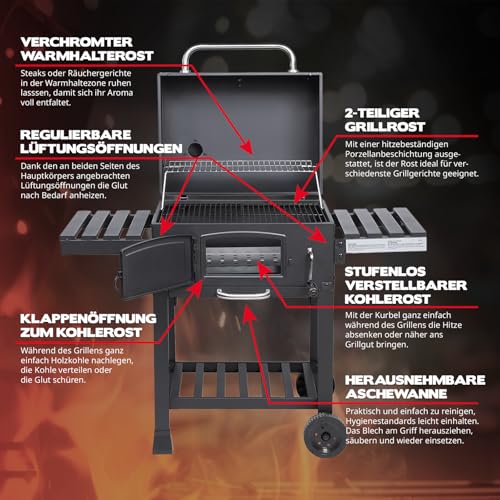 TAINO HERO XL Holzkohlegrill Set Abdeckhaube Grillplatte Smoker Grillwagen BBQ – Bild 4