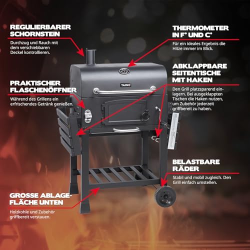 TAINO HERO XL Holzkohlegrill Set Abdeckhaube Grillplatte Smoker Grillwagen BBQ – Bild 5
