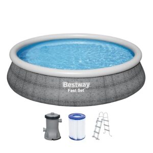 Bestway Fast Set Pool, 457 x 107 cm, Komplett-Set mit Filterpumpe, rund, graue Rattan-Optik