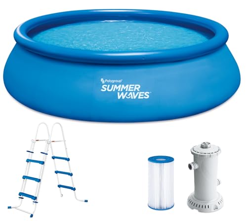 Summer Waves Quick Up Pool Komplettset | Rund 457x107 cm Blau | Aufstellpool Set | Gartenpool & Schwimmbecken inkl. Filterpumpe, Bodenvlies, Abdeckplane & Einstiegsleiter