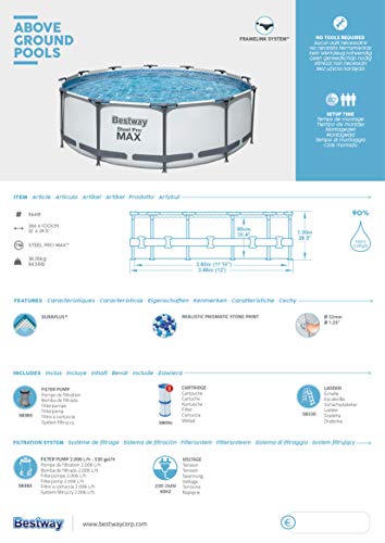Bestway Steel Pro MAX Frame Pool-Set mit Filterpumpe Ø 366 x 100 cm, lichtgrau, rund, Grau – Bild 15