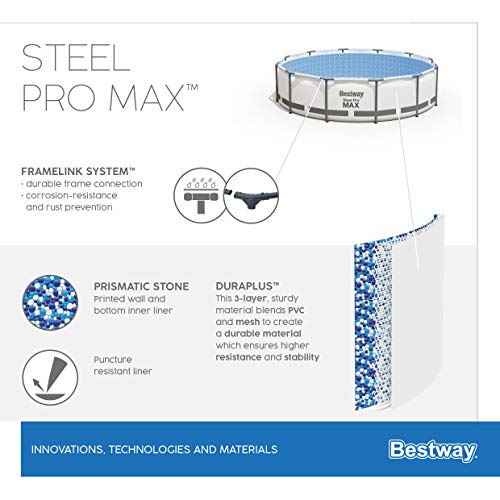 Bestway Steel Pro MAX Frame Pool-Set mit Filterpumpe Ø 366 x 100 cm, lichtgrau, rund, Grau – Bild 17