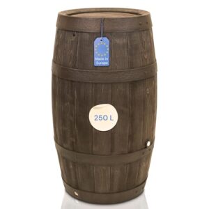 YourCasa Regentonne 250 Liter [Timber] mit Metallgewinde und Deckel - Regenfass Frostsicher aus Kunststoff in Holzoptik - Regenwassertonne - Regenwassertank Garten - Holz Weinfass Wasserfass Holzfass