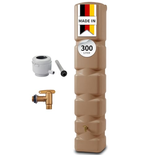 4rain Basic Regentonne Komplett-Set 300 Liter Taupe inkl. Kunststoff-Auslaufhahn und Fallrohranschluss - Wandtank, Wassertank, Fass, Regenfass, Regenwassertonne, Regenwassertank, Wasserbehälter