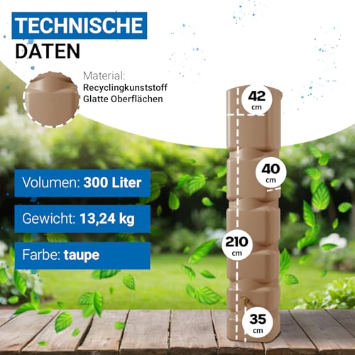 4rain Basic Regentonne Komplett-Set 300 Liter Taupe inkl. Kunststoff-Auslaufhahn und Fallrohranschluss - Wandtank, Wassertank, Fass, Regenfass, Regenwassertonne, Regenwassertank, Wasserbehälter – Bild 3