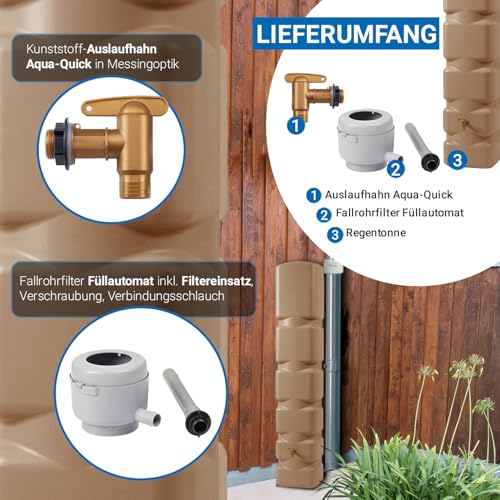 4rain Basic Regentonne Komplett-Set 300 Liter Taupe inkl. Kunststoff-Auslaufhahn und Fallrohranschluss - Wandtank, Wassertank, Fass, Regenfass, Regenwassertonne, Regenwassertank, Wasserbehälter – Bild 4