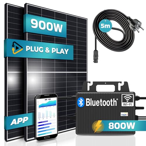 SUNNIVA 900W Balkonkraftwerk 800W komplett Steckdose - TSUN 800W Wechselrichter - PV Solaranlage Komplettset - 2x 450W Solarmodule - inkl. 5m Kabel - Bluetooth WIFI