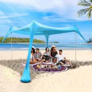 Sonnensegel Strand Strandzelt Sonnenschutz UPF50 , 3m X 3m X 2m Strand Sonnenschutz Mit 4 Alustangen 4 SandsäCken Und 4 Ground Anchor, Sonnendach Strandpavillon Leicht Für Picknick Reise