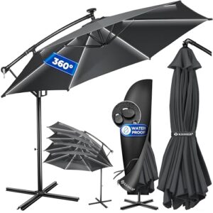 KESSER® Alu Ampelschirm LED Solar Ø350cm Inkl. Abdeckung Fernbedienung Kurbelvorrichtung Kurbelschirm mit Ständer 360° Funktion UV-Schutz Aluminium Wasserabweisend Garten-Schirm Marktschirm Anthrazit