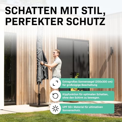 VONROC Sonnenschirm rechteckig 200x300 - Rechteckiger Sonnenschirm für Terasse, Garten, Balkon, Gastro - Knickbar, Kurbel, Wetterfest - Rapallo (Grau) – Bild 2